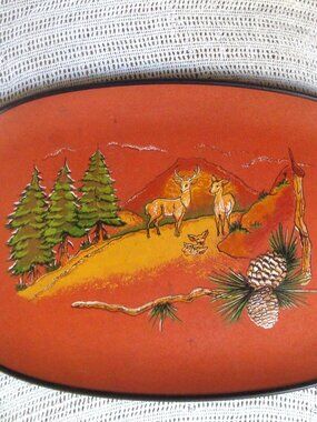 Vintage Cabincore Woodland Deer Scene Oval Tray